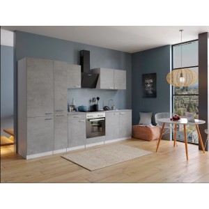 Respekta Küchenblock Malia 300 cm in Betonoptik mit E-Geräten.