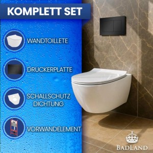 KOLMAN WC-Komplettset mit weißem Wand-WC, schwarzer Betätigungsplatte und Vorwandelement im modernen Bad.