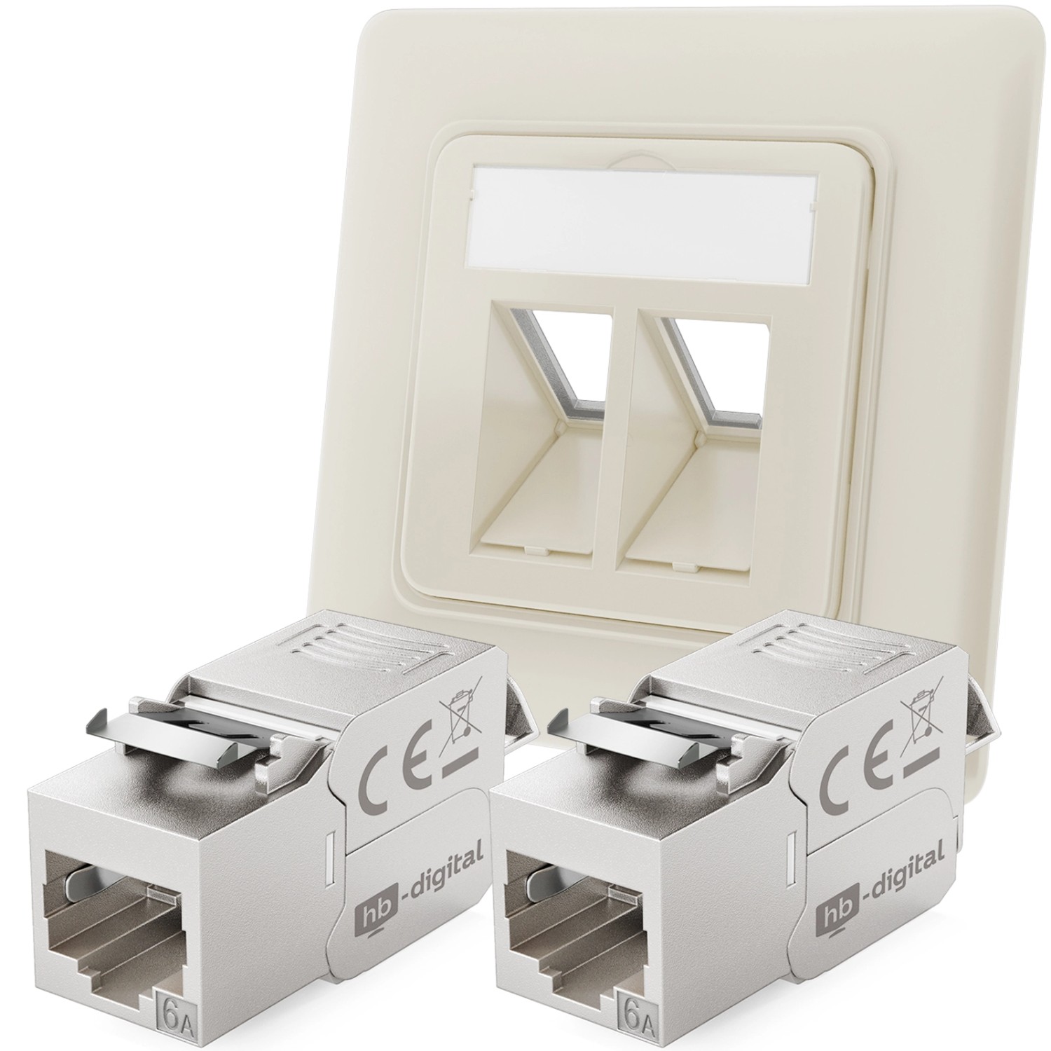 hb-digital Netzwerkdose Unterputz Einsatz 2 Port mit 2x Keystone Modul CAT 6a RAL9010