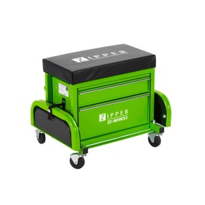 Grüner Zipper Montagehocker ZI-MHKS3 mit schwarzer Polsterung, 2 Schubfächern und Rollen für Werkstatt & Autoreparatur.