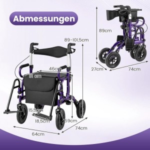 Costway Rollator mit Luftbereifung 2-In-1 Rollstuhl Bis 140 kg Lila