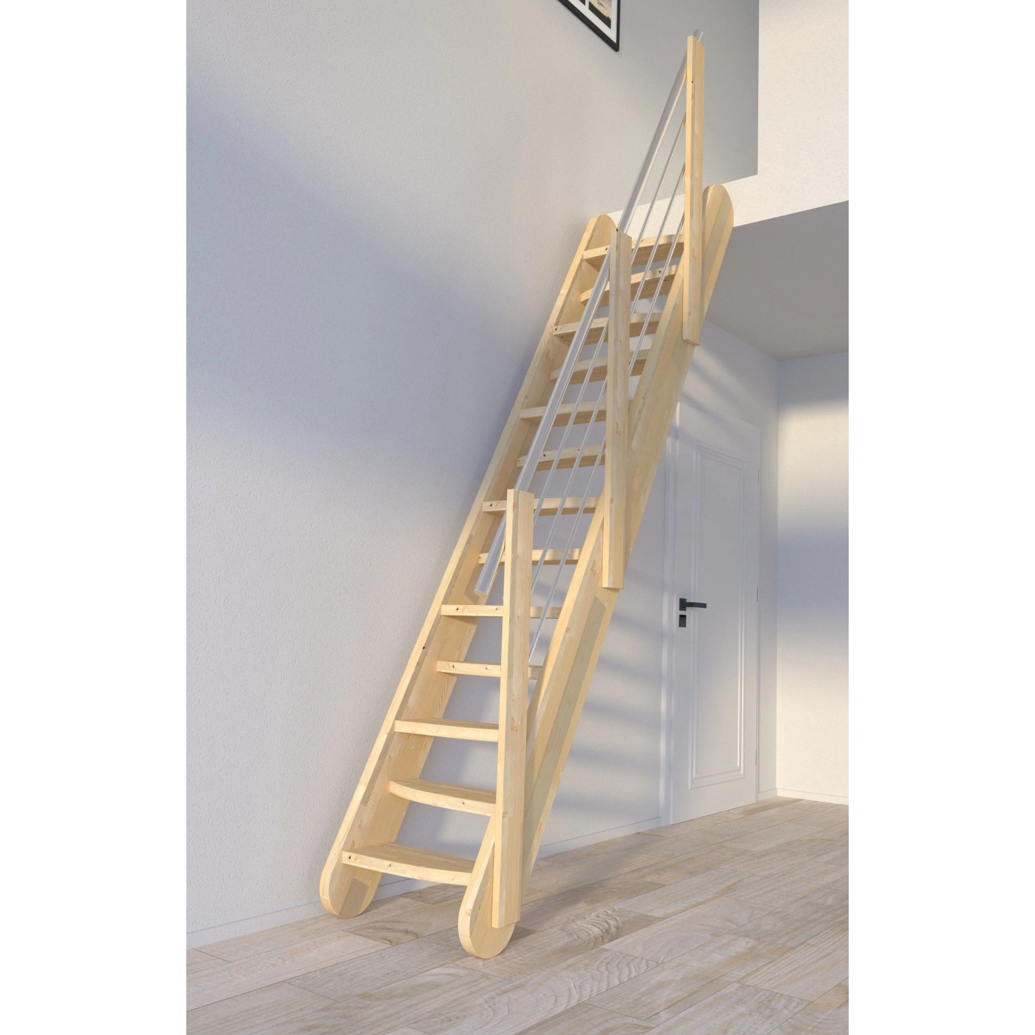 StarWood Treppe Samos, Fichte, mit Edelstahlgeländer und verjüngten Stufen.