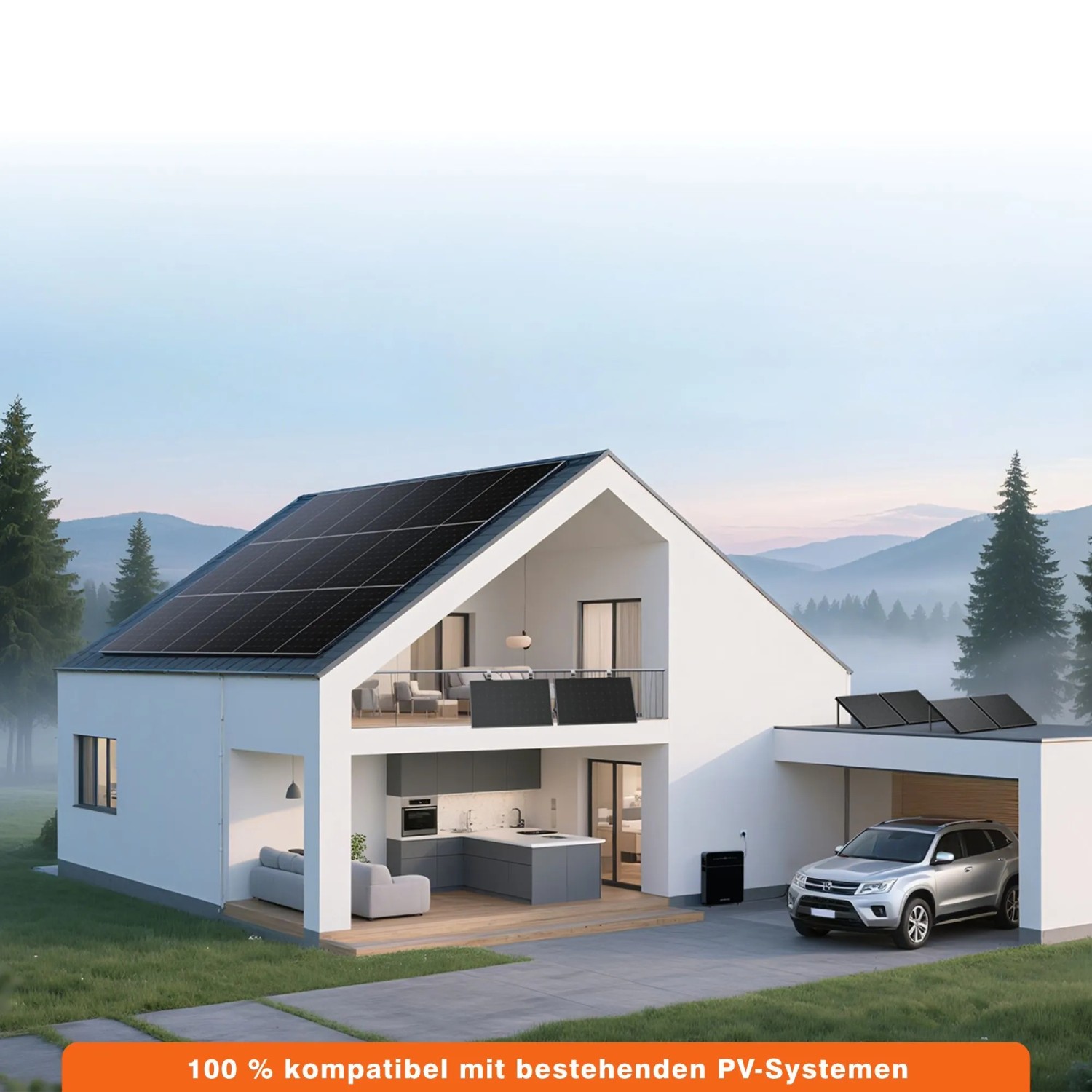 Marstek Stromspeicher Venus E 3.0 neben Haus mit Solaranlage. AC-gekoppelt, 5,12 kWh für PV-Systeme.