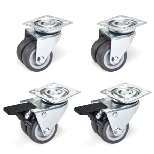 SOTECH 4er Set Doppel Lenkrollen Ø50 mm: 2 mit Bremse, 2 ohne. Graue Räder, silbernes Metallgehäuse. Für Möbel, Schwerlast.