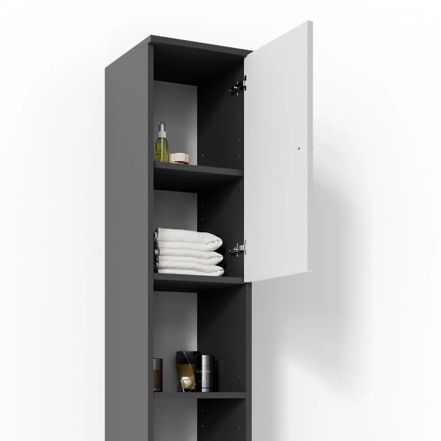 Vicco Badschrank Fynn, anthrazit/weiß hochglanz, 30x190 cm, mit offenen Fächern und Tür.