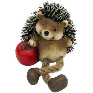 Dekorative Igel-Figur mit Hängebeinen, braun-schwarz, 10 cm, hält einen roten Apfel.