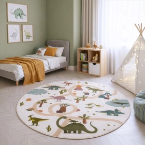 Runder Ayyildiz Kinderteppich Coco 1131 in Creme mit Dinosaurier-Motiven, Durchmesser 120 cm.