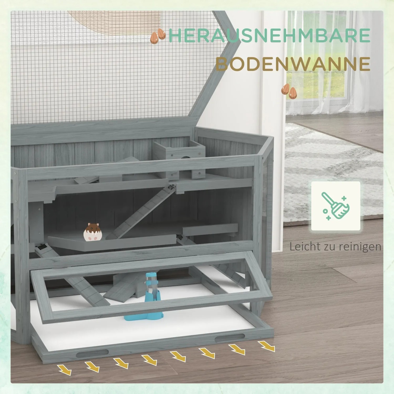 Grauer PawHut Hamsterkäfig aus Holz mit herausziehbarer Bodenwanne für einfache Reinigung.