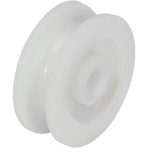Weiße Seilrolle aus Kunststoff, 40 mm, für Seile bis 9 mm Durchmesser.