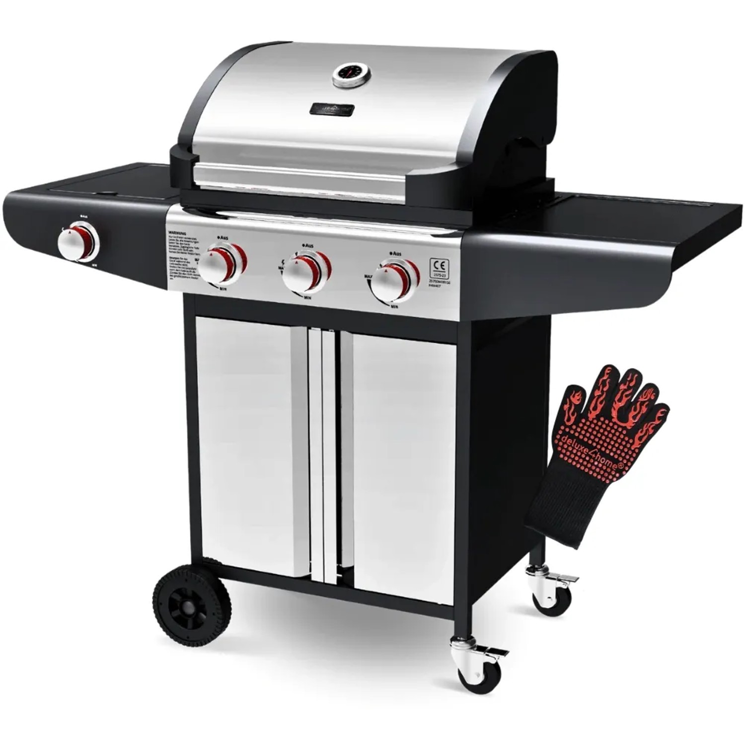DELUKE Gasgrill 3+1 Brenner mit Deckel DELO mit Handschuhe Grillwagen mit Seitenbrenner Campinggrill mit Seitenablage Th...