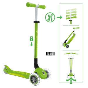 Grüner Globber Elite Lights Kinder Tretroller mit LED-Leuchtrollen und verstellbarer Lenkstange.