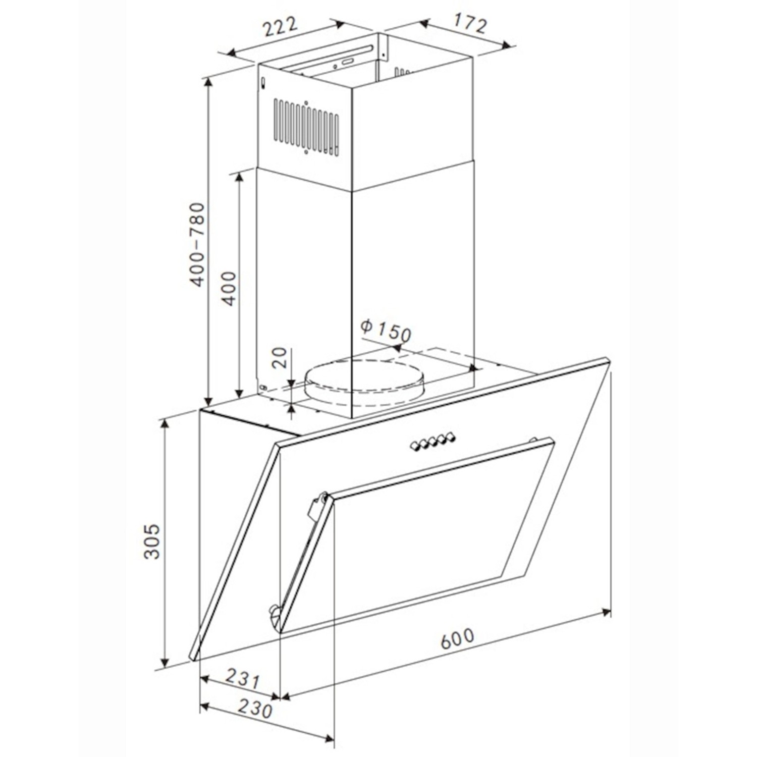 Skizze einer Schräghaube für die Optifit Winkelküche Optikoncept Arvid 270 cm Weiß mit Maßangaben.