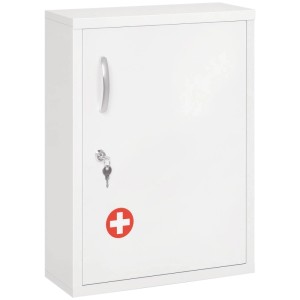 Weißer abschließbarer Medizinschrank aus Stahl mit rotem Kreuz und Schlüssel. Ideal für Wandmontage und sicheren Stauraum.