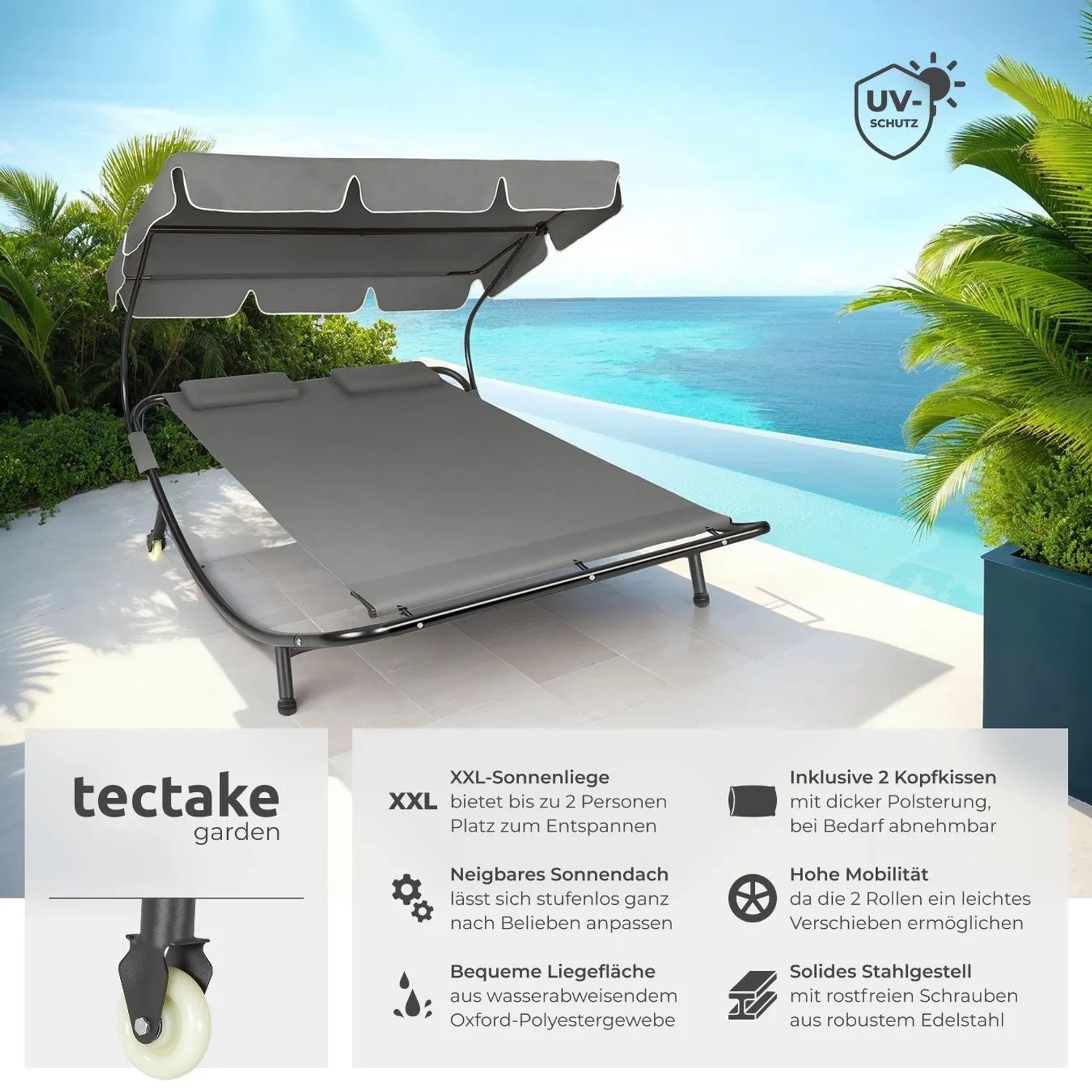 Tectake Gartenliege Livorno, schwarz-grau, mit verstellbarem Sonnendach für 2 Personen am Pool.