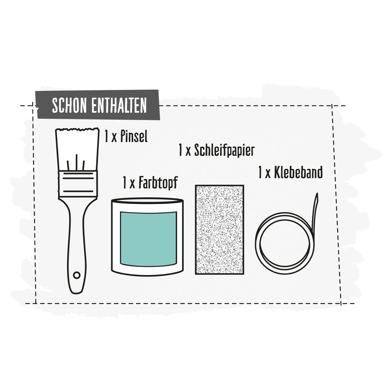 CREATE! by OBI DIY Farb-Set Blaugrün: Pinsel, Farbtopf, Schleifpapier und Klebeband.