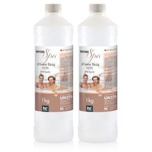 Zwei Flaschen Bayzid Spa pH Minus Flüssig zur pH-Wert Senkung im Pool.