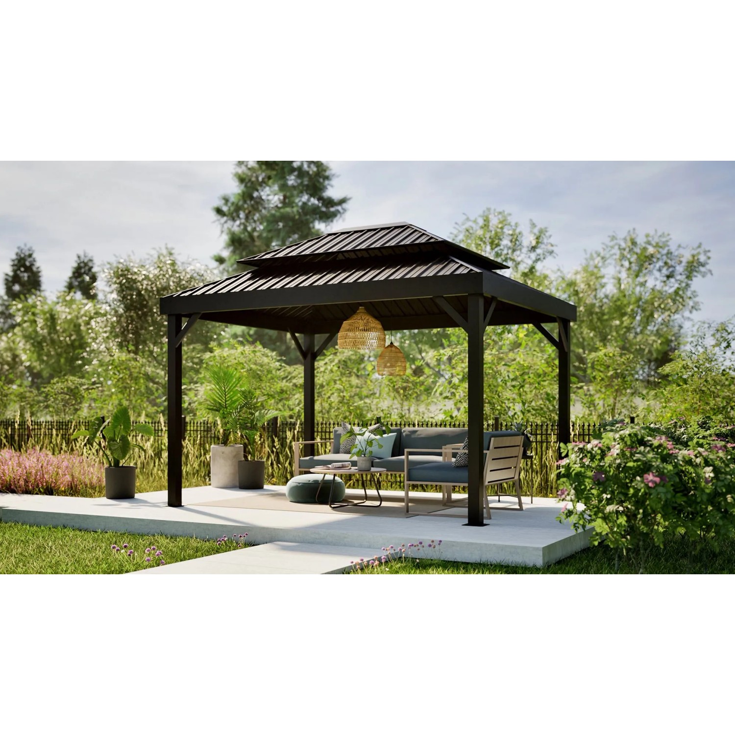 Schwarzer Sojag Pavillon London mit Doppeldach und Sitzgruppe im Garten.