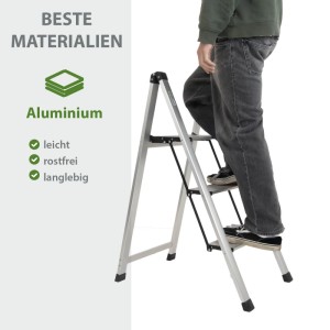 TRUTZHOLM Alu Trittleiter 3 Stufig Klappbar 150kg Anti Rutsch Trittflächen TÜV GS Silber