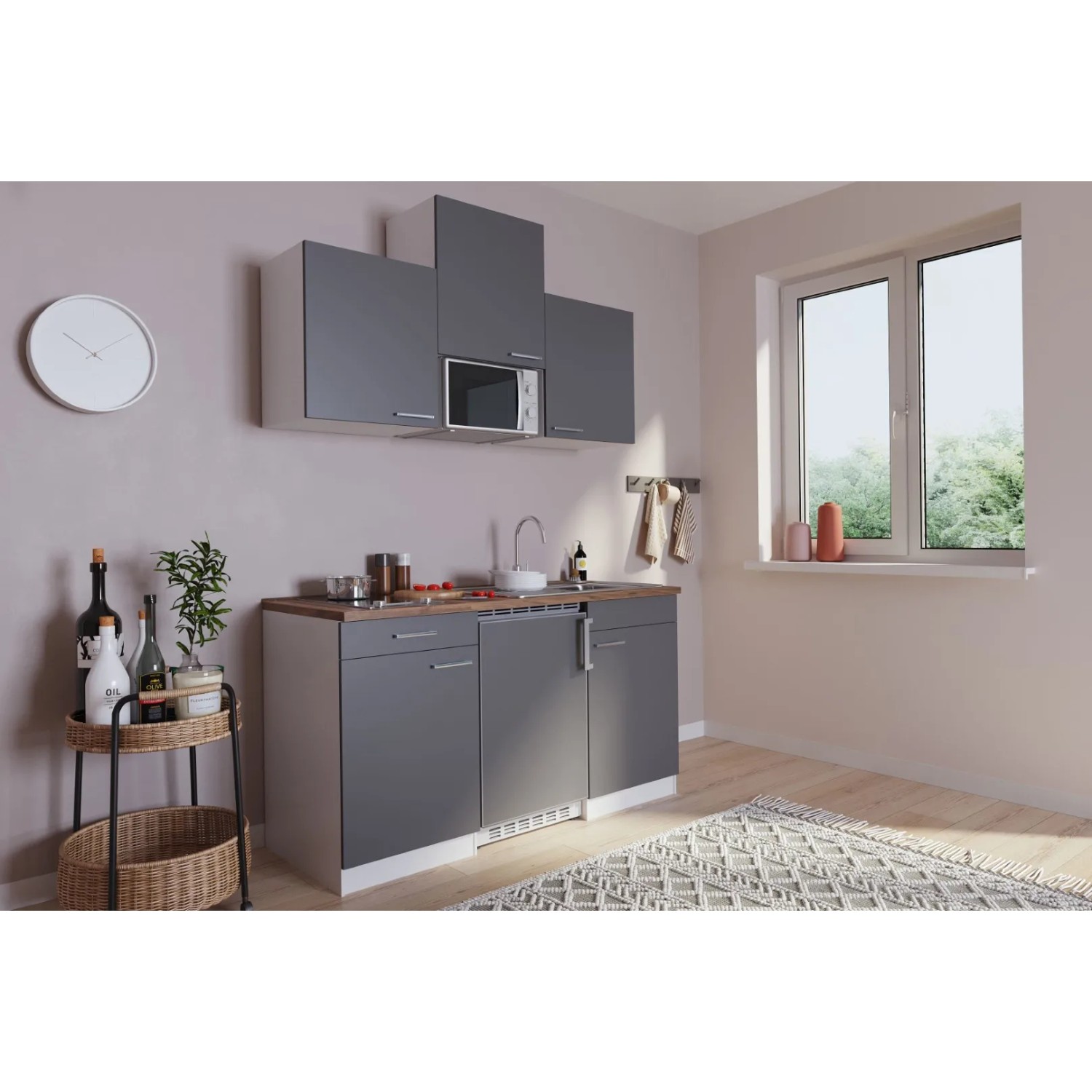 Respekta Küchenzeile KB150WGMIC, 150 cm, grau-weiße Miniküche mit E-Geräten und Spüle.