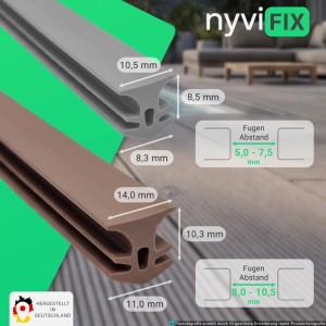 NYVI Fugendichtband NYVIFix, grau und braun, mit Maßen für Fugen 5-10,5 mm. TPE Dichtband für Terrasse/Balkon.