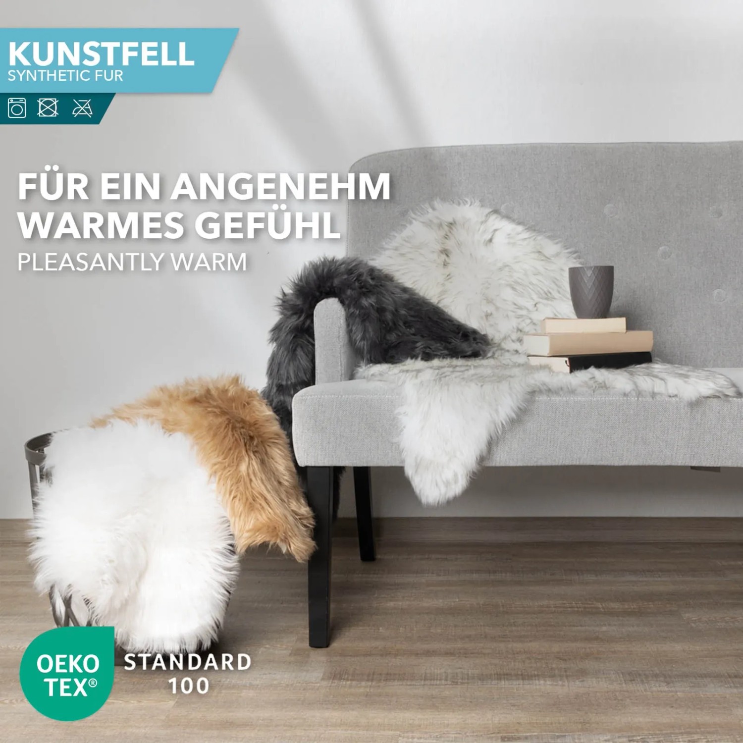 Flauschiges KARAT Kunstfell Nelly Black Tip auf Sofa, verschiedene Farben.