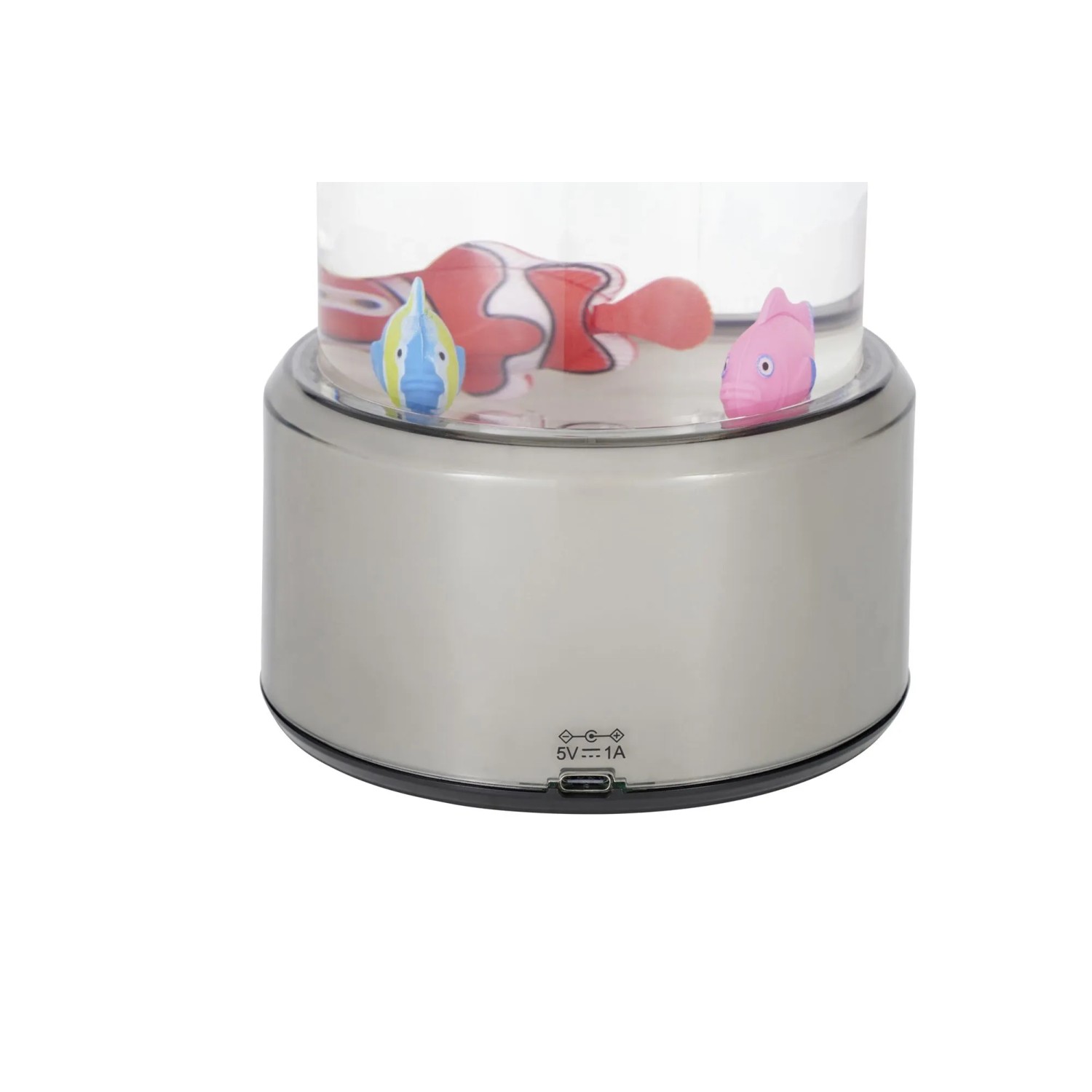 Eglo LED-Lavaleuchte Aqua: Silberne Basis, transparenter Zylinder mit bunten Fischen. USB-C-Anschluss.