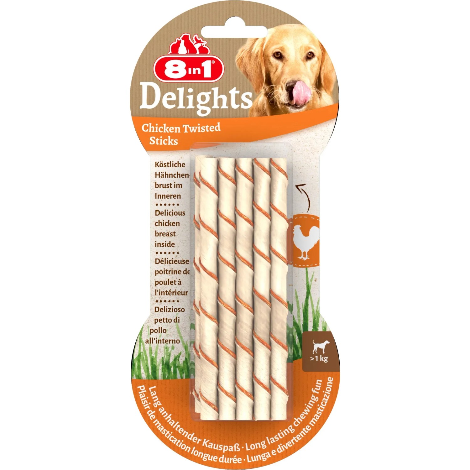 8in1 Twisted Sticks Delights, 10er Packung Hundeknochen mit Hähnchenbrust, für Kauspaß und Zahnpflege.