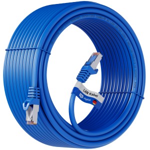 Blaues hb-digital CAT 7 Patchkabel (15m) mit RJ45 Stecker, aufgerollt.