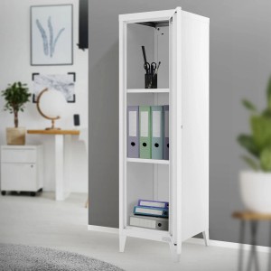Weißer ML-Design Aktenschrank Hoch aus Stahl, freistehend, mit Ordnern und Büroartikeln.