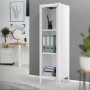 Weißer ML-Design Aktenschrank Hoch aus Stahl, freistehend, mit Ordnern und Büroartikeln.