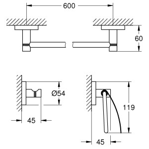 Technische Zeichnung: Grohe Bad-Set 3 in 1 Essentials mit Maßen für Bademantel-, WC-Papier- und Badetuchhalter.