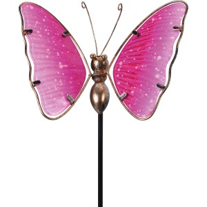 Gartenstecker Schmetterling in Pink, 95 cm hoch, aus Metall und Glas für die Gartendekoration.