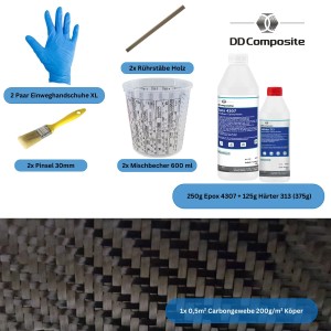 DD Composite Carbon Komplett-Set: Carbongewebe, Epoxidharz, Härter, Pinsel, Handschuhe, Rührbecher, Rührstäbe.