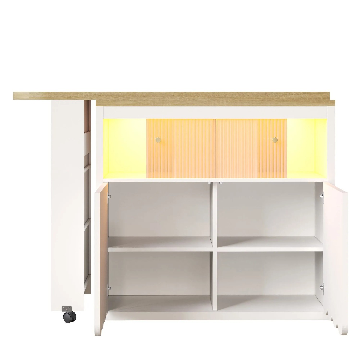 okwish Bartisch mit Ausziehbarem Stauraum LED Beleuchtung Küche 205 x 39 x 100 cm Weiß