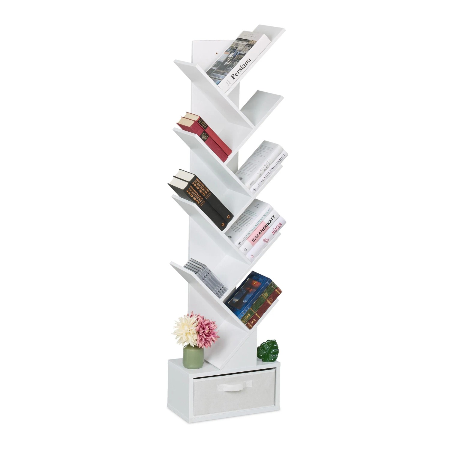 Relaxdays Bücherregal Baumform Spanplatte Weiß Mit Schublade 146 cm x 38 cm x 22 cm 11 kg