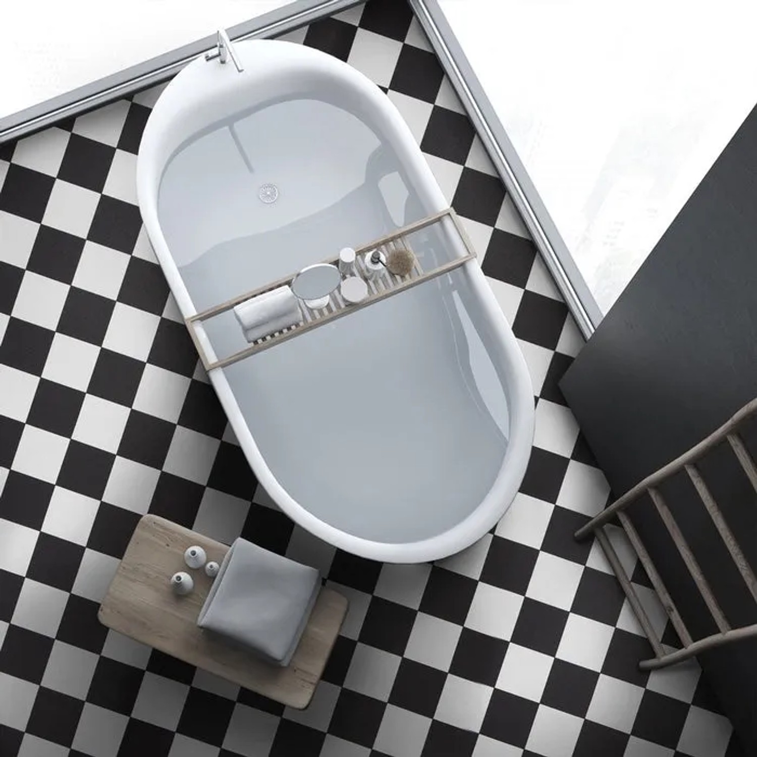 Badezimmer mit Karat CV Bodenbelag Atlantic Damier, Fliesenoptik in Schwarz-Weiß.