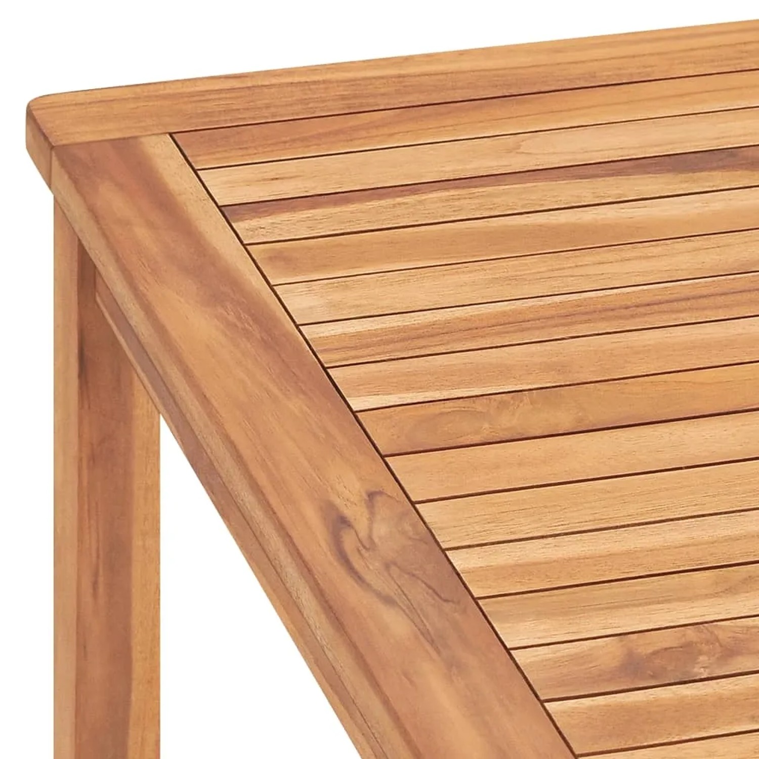 Detailansicht Gartentisch: Teakholz Tischplatte und Tischbein des vidaXL Esstischs.