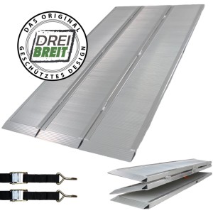 DREIBREIT klappbare Auffahrrampe, 222cm, Tragkraft 1650kg, aus Aluminium mit Spanngurten.