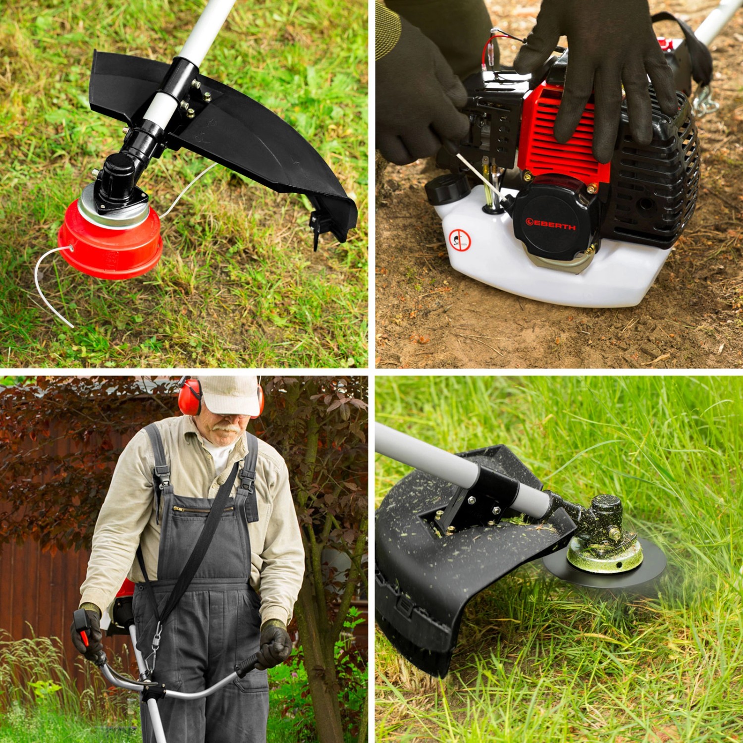 EBERTH Benzin Motorsense/Freischneider 2in1: Fadenkopf, Metallklinge, Tragegurt im Set.