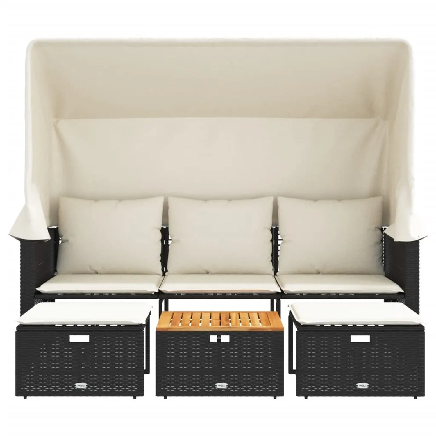 Schwarzes 3-Sitzer Outdoor-Sofa mit Dach, Hockern und Tisch aus Polyrattan. Lounge-Gartenmöbel.