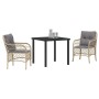 Beige 3-tlg. vidaXL Garten Essgruppe aus Poly Rattan mit Tisch und Stühlen mit Kissen.
