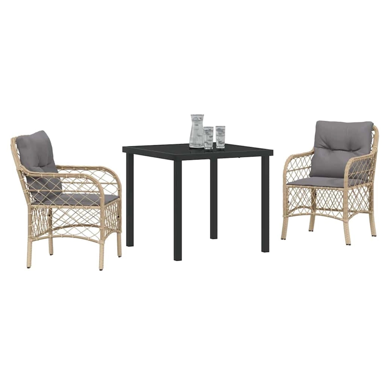 Beige 3-tlg. vidaXL Garten Essgruppe aus Poly Rattan mit Tisch und Stühlen mit Kissen.