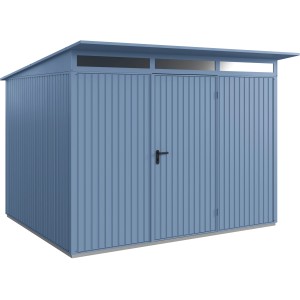 Ecostar Gerätehaus Trend, Pultdach, taubenblau, aus Metall mit Einzeltür.