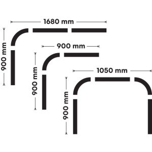 Euroshowers Duschvorhangstange Combi: Diagramm der L- und U-Form Konfigurationen mit Maßen 900x1050x900 mm.