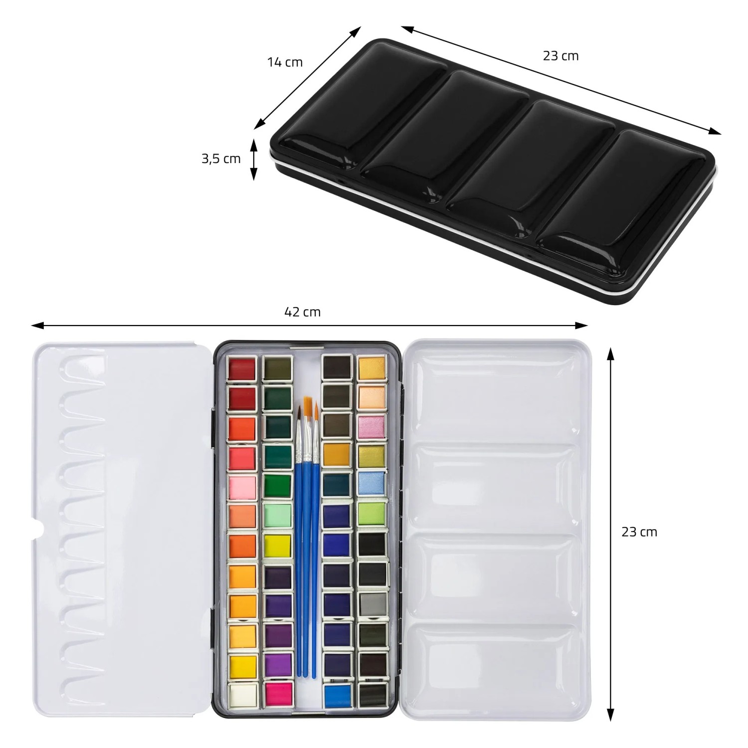 ECD Germany Aquarellfarben Set mit 48 Farben, Pinseln und Mischpalette im Malkasten.