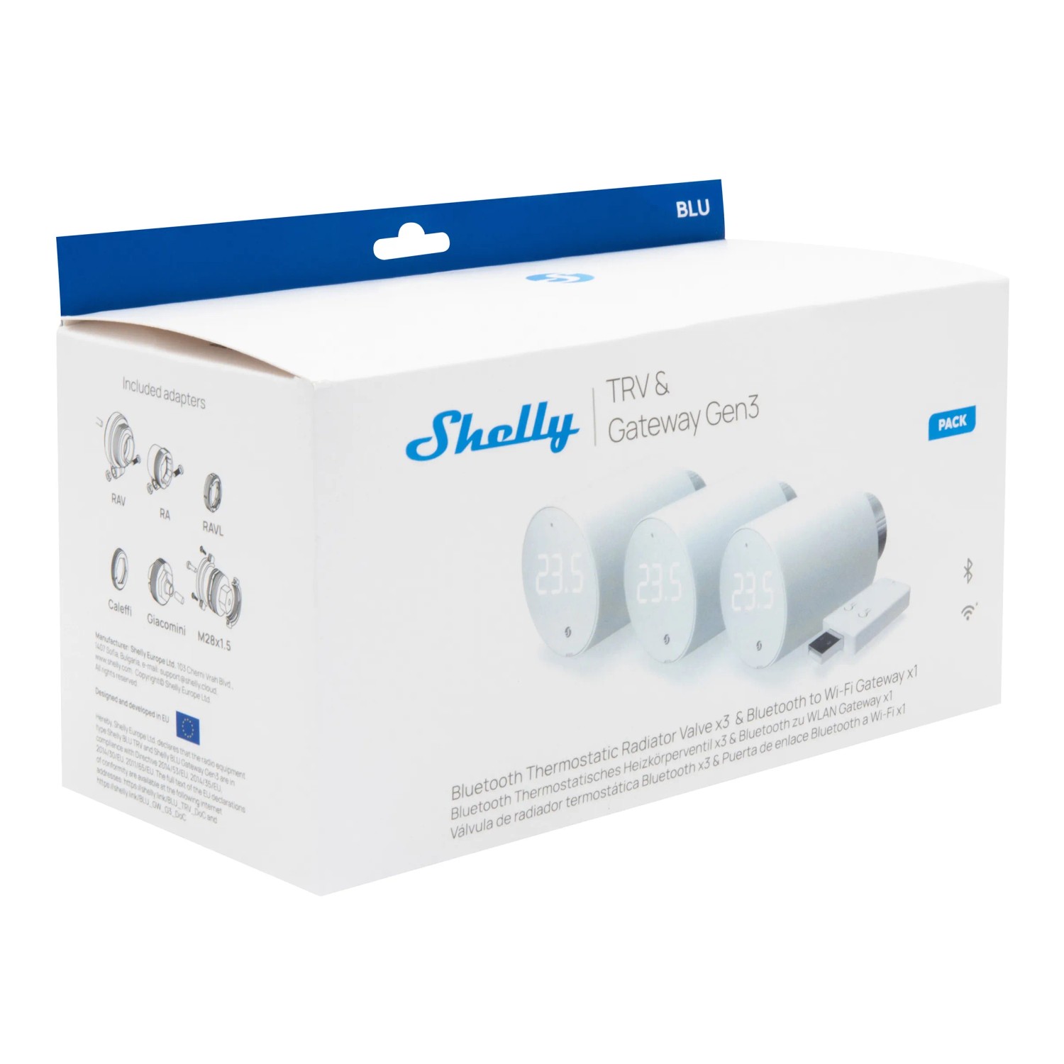 Shelly Heizkörperthermostat 3er-Pack mit Bluetooth und Gateway in weißer Verpackung.