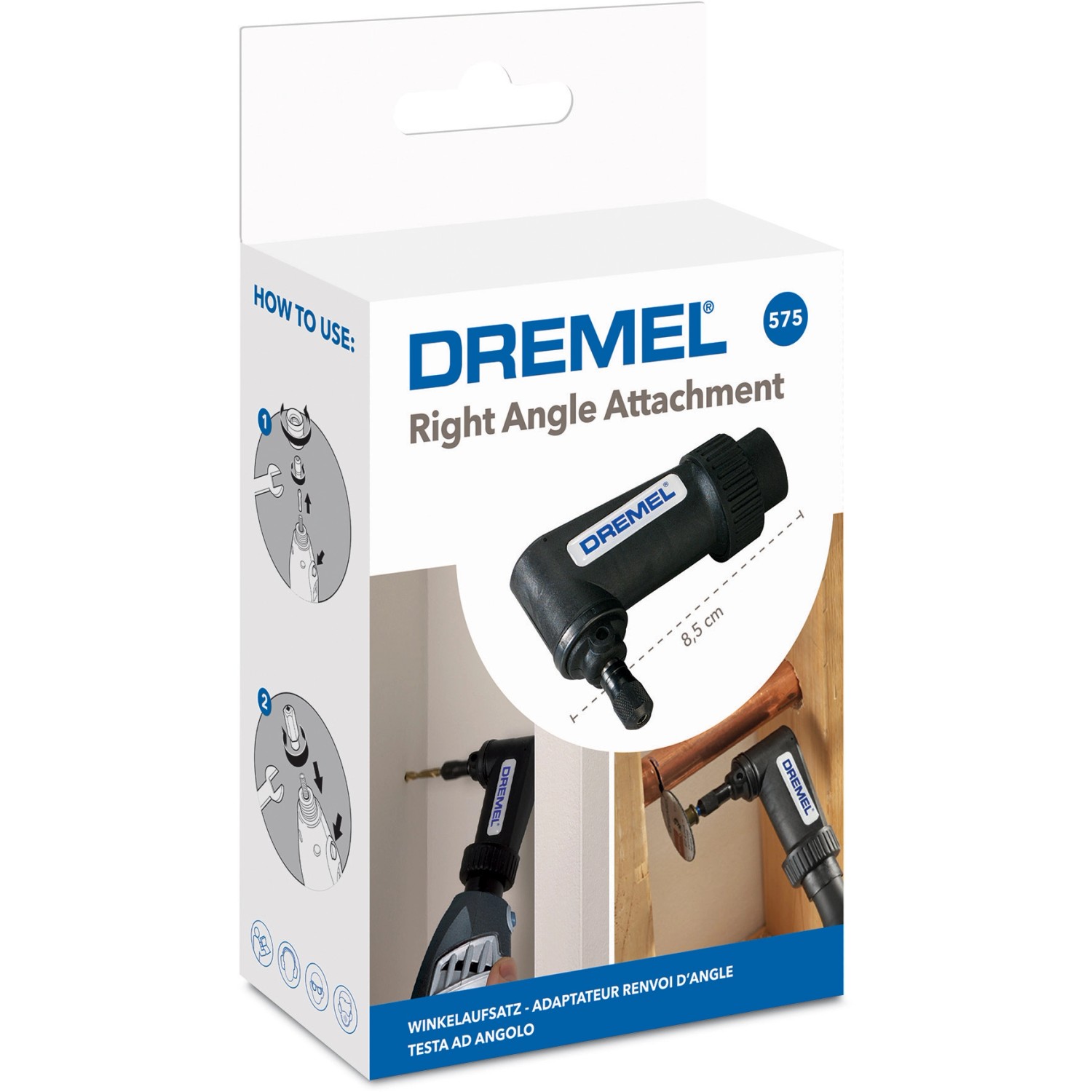 Dremel Winkelvorsatz 575 in Verpackung, Zubehör für schwer zugängliche Stellen.