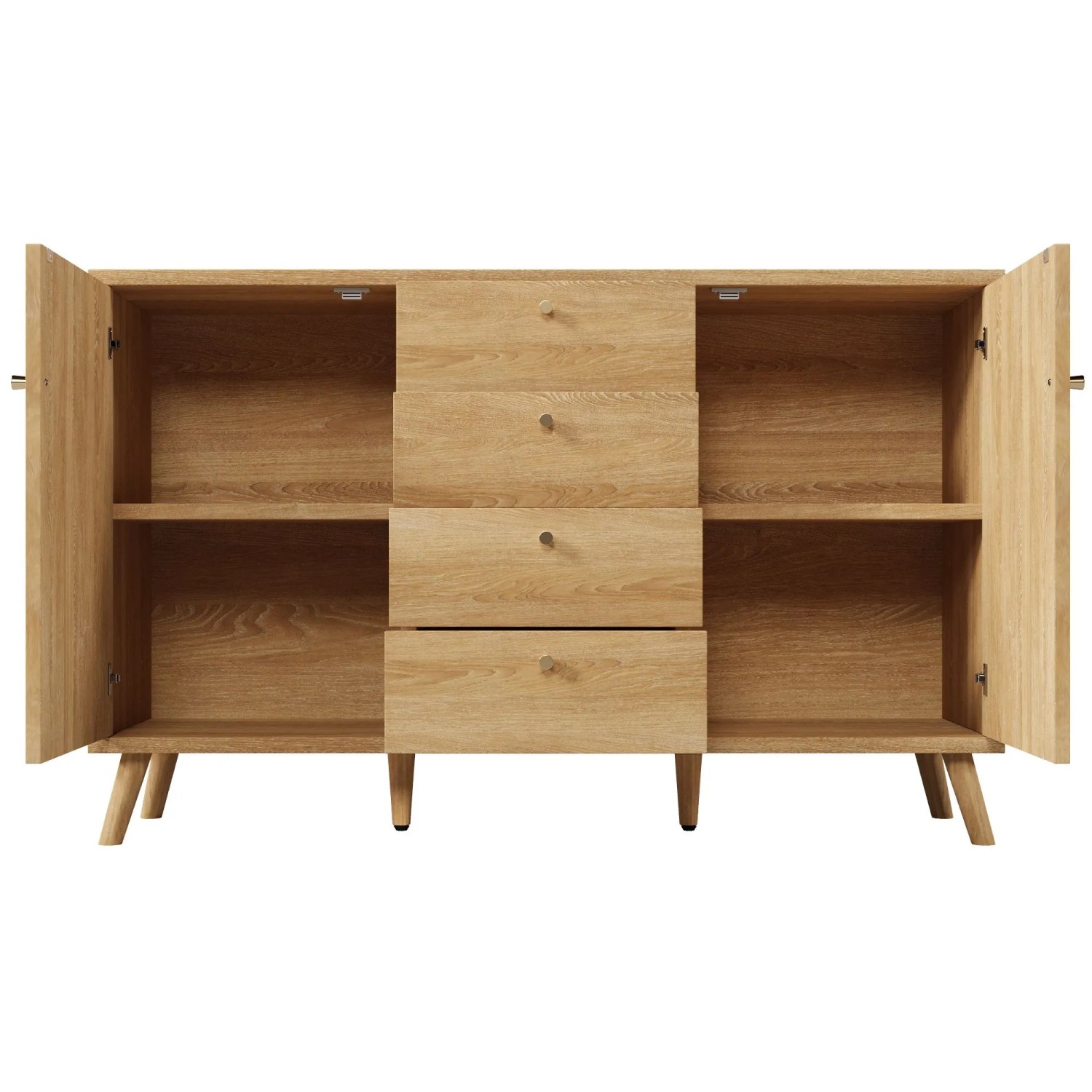 okwish Sideboard mit 4 Schubladen 2 Türen Rattan Optik Wohnzimmer 140x40x86cm Helle Eiche
