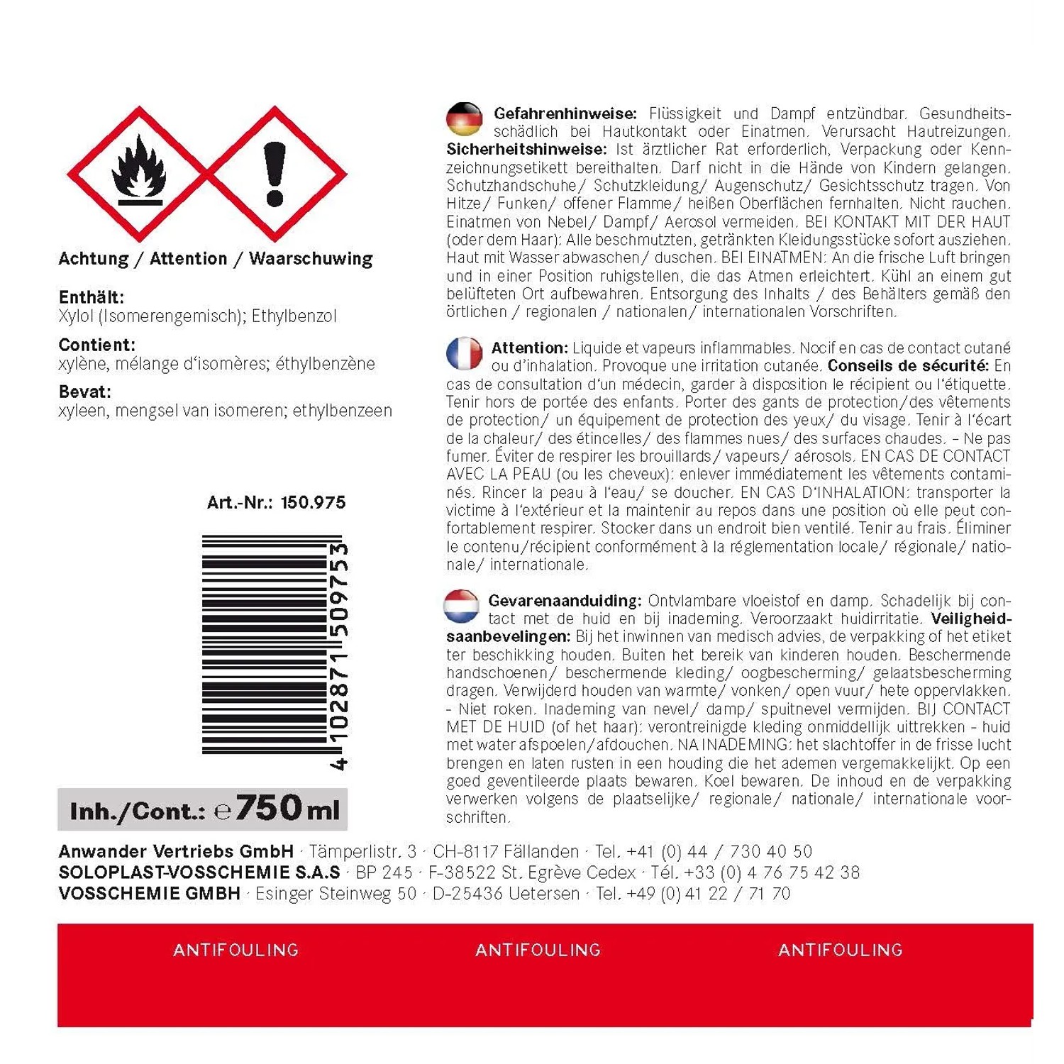 Etikett einer 750ml Dose Antifouling-Bootsfarbe mit Gefahrenhinweisen.