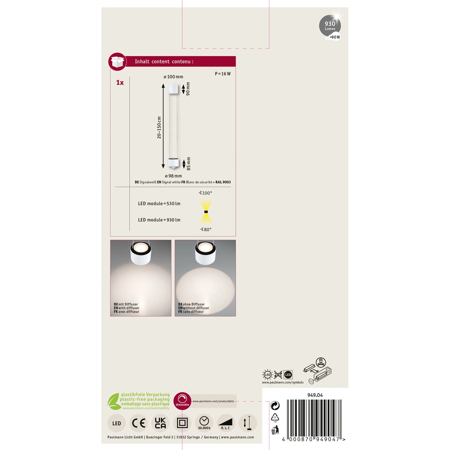 Paulmann LED-Pendelleuchte Aldan, signalweiß, 150cm, für URail-Schienensystem. Neutralweißes Licht.